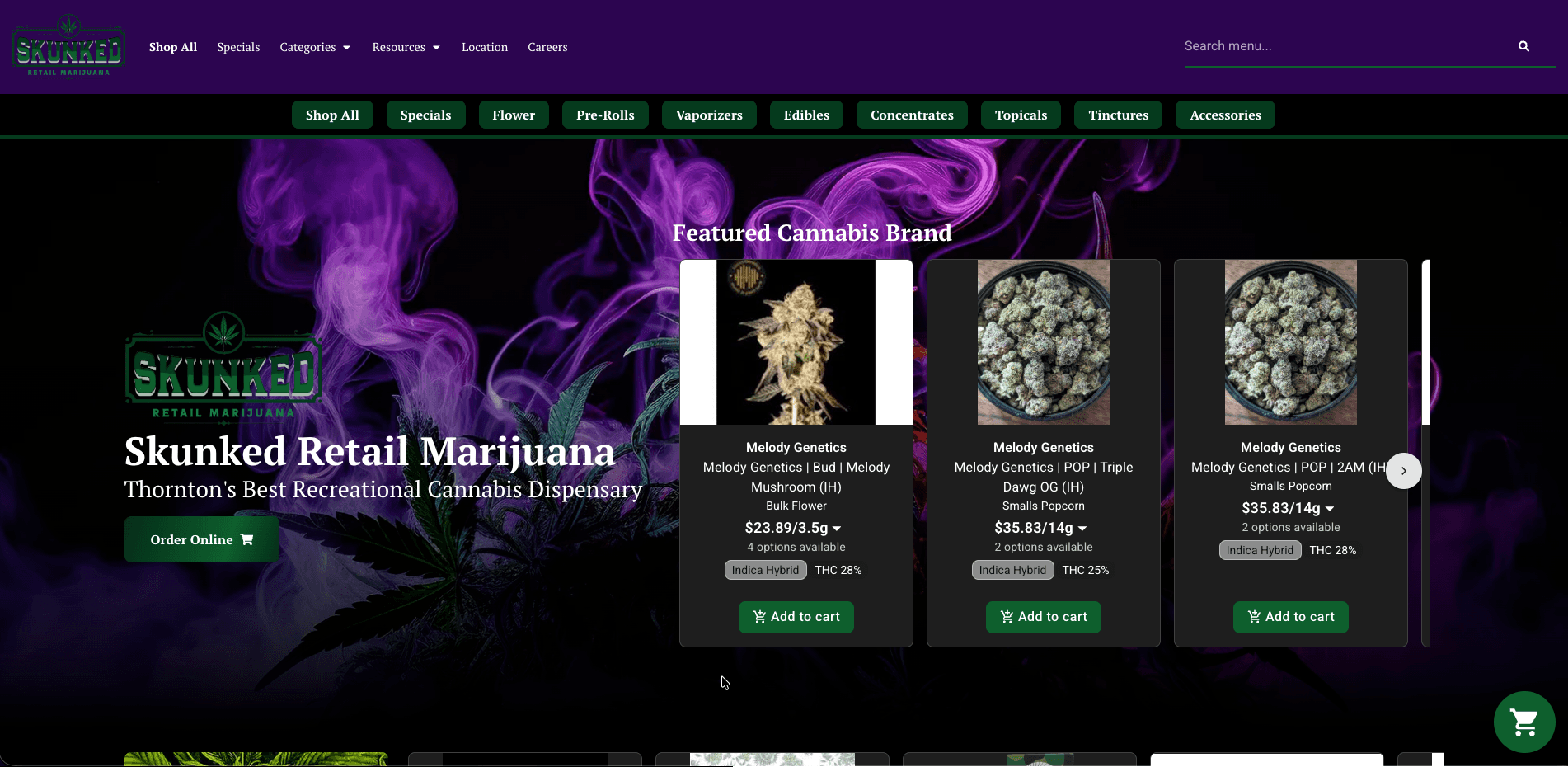 Skunked website screenshot for cannabis industry
